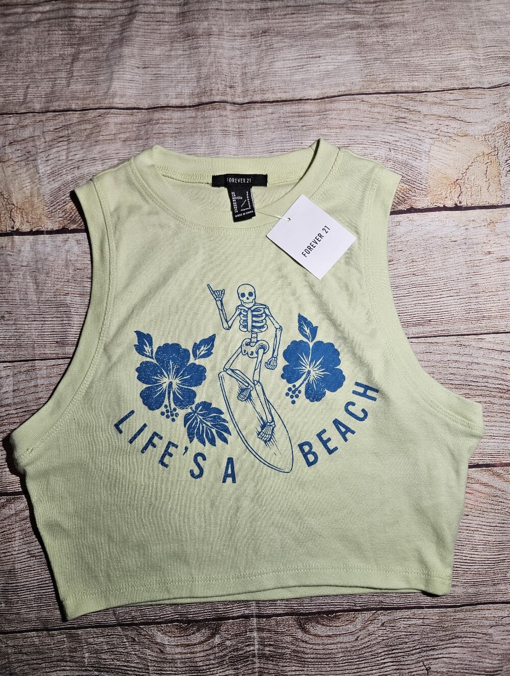 Forever 21 life's a beach skeleton surfing green and blue Cropped tank top